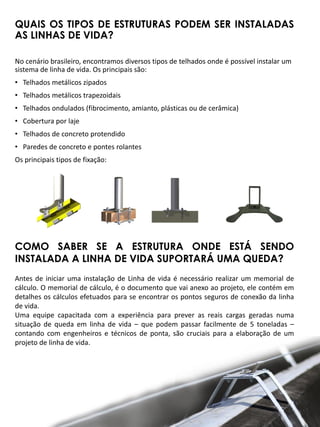 QUAIS OS TIPOS DE ESTRUTURAS PODEM SER INSTALADAS
AS LINHAS DE VIDA?
No cenário brasileiro, encontramos diversos tipos de telhados onde é possível instalar um
sistema de linha de vida. Os principais são:
• Telhados metálicos zipados
• Telhados metálicos trapezoidais
• Telhados ondulados (fibrocimento, amianto, plásticas ou de cerâmica)
• Cobertura por laje
• Telhados de concreto protendido
• Paredes de concreto e pontes rolantes
Os principais tipos de fixação:
COMO SABER SE A ESTRUTURA ONDE ESTÁ SENDO
INSTALADA A LINHA DE VIDA SUPORTARÁ UMA QUEDA?
Antes de iniciar uma instalação de Linha de vida é necessário realizar um memorial de
cálculo. O memorial de cálculo, é o documento que vai anexo ao projeto, ele contém em
detalhes os cálculos efetuados para se encontrar os pontos seguros de conexão da linha
de vida.
Uma equipe capacitada com a experiência para prever as reais cargas geradas numa
situação de queda em linha de vida – que podem passar facilmente de 5 toneladas –
contando com engenheiros e técnicos de ponta, são cruciais para a elaboração de um
projeto de linha de vida.
 