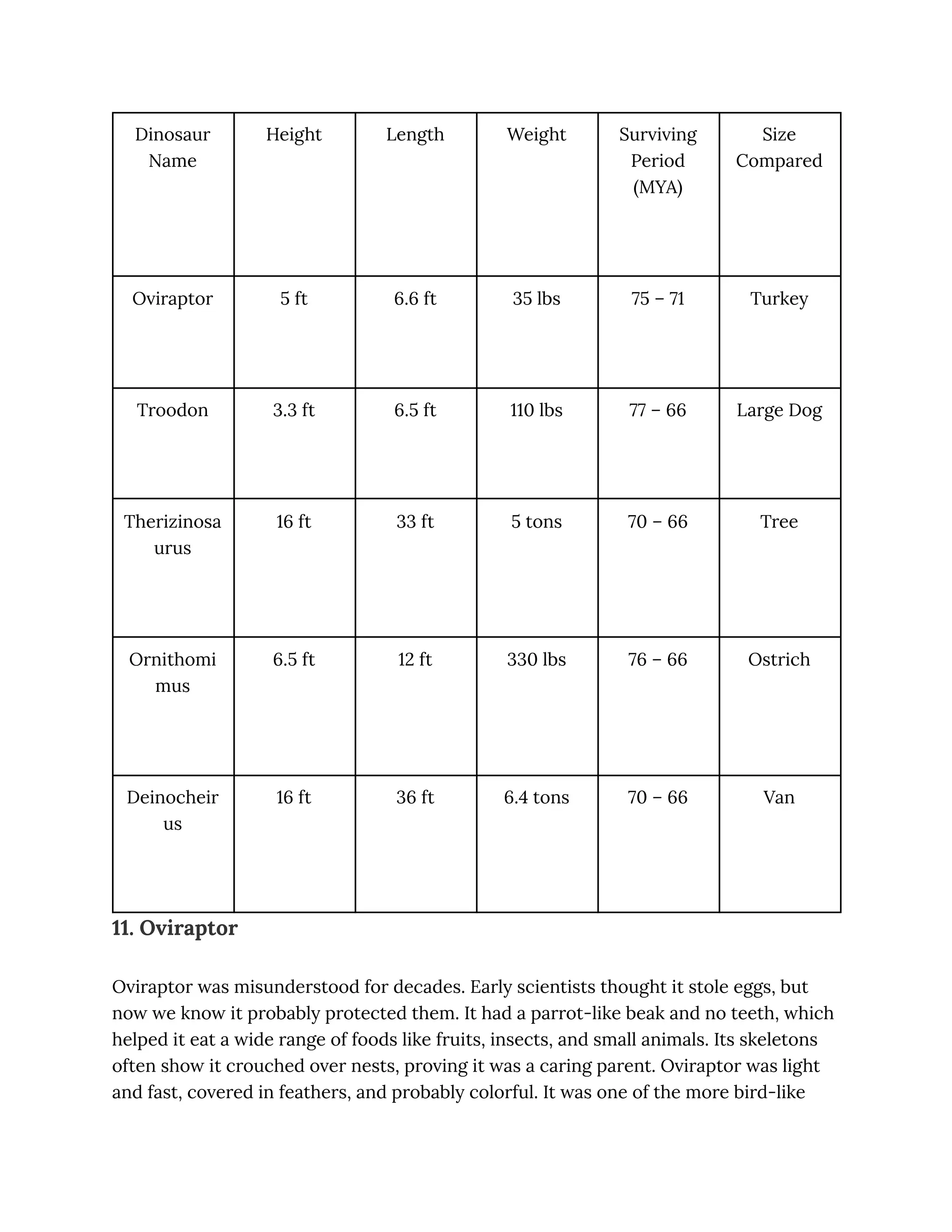 Dinosaur
Name
Height Length Weight Surviving
Period
(MYA)
Size
Compared
Oviraptor 5 ft 6.6 ft 35 lbs 75 – 71 Turkey
Troodon 3.3 ft 6.5 ft 110 lbs 77 – 66 Large Dog
Therizinosa
urus
16 ft 33 ft 5 tons 70 – 66 Tree
Ornithomi
mus
6.5 ft 12 ft 330 lbs 76 – 66 Ostrich
Deinocheir
us
16 ft 36 ft 6.4 tons 70 – 66 Van
11. Oviraptor
Oviraptor was misunderstood for decades. Early scientists thought it stole eggs, but
now we know it probably protected them. It had a parrot-like beak and no teeth, which
helped it eat a wide range of foods like fruits, insects, and small animals. Its skeletons
often show it crouched over nests, proving it was a caring parent. Oviraptor was light
and fast, covered in feathers, and probably colorful. It was one of the more bird-like
 