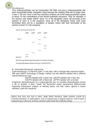 Microbial genetics
Page 2 of 5
Thus dideoxynuclotides can be incorporated into DNA, but once a dideoxynuclotide has
been incorporated further elongation stops because the resulting DNA will no longer have
a free 3’ OH end. Each of the four reactions contains one of the dideoxynuclotides added
at about 1% the concentration of the normal nucleotide precursors. Thus, for example, in
the reaction with added ddATP about 1% of the elongated chains will terminate at the
position of each A in the sequence. Once all of the elongating chains have been
terminated there will be a population of labeled chains that have terminated at the
position of each A in the sequence.
B- Automated fluorescent sequencing
Cycle-sequencing in a thermal cycler, in one tube, with a commercially prepared mixture,
Still uses ddNTP technology of Sanger method, but with ddNTPs labeled with a different
colored fluorescent dye
ddATPs labeled with a green dye ,ddCTPs labeled with a blue dye
ddGTPs labeled with a black dye ,ddTTPs labeled with a red dye
Fragments electrophoresed on a polyacrylamide gel. As samples electrophorese across
a slit or window, a laser "reads" the fluorescent peaks representing different-sized
fragments Subsequent analysis of intensity peaks, and their colors, against a known
standard, gives the sequence.
Much less time and cost in labor, fewer failed reactions, fewer problem points for
"trouble-shooting" or optimization; cost of sequencing is largest expense, cost of cycle-
sequencing is next one, but tiny volumes used make this relatively cheap
 