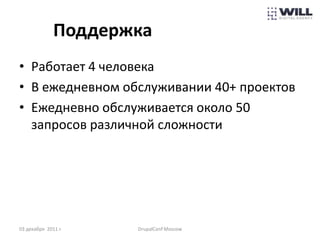Поддержка
• Работает 4 человека
• В ежедневном обслуживании 40+ проектов
• Ежедневно обслуживается около 50
  запросов различной сложности




03 декабря 2011 г.   DrupalConf Moscow
 