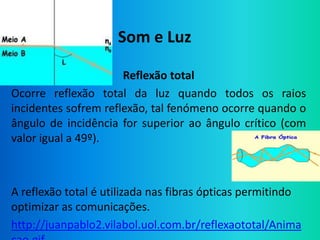 Som e Luz

                      Reflexão total
Ocorre reflexão total da luz quando todos os raios
incidentes sofrem reflexão, tal fenómeno ocorre quando o
ângulo de incidência for superior ao ângulo crítico (com
valor igual a 49º).



A reflexão total é utilizada nas fibras ópticas permitindo
optimizar as comunicações.
http://juanpablo2.vilabol.uol.com.br/reflexaototal/Anima
 