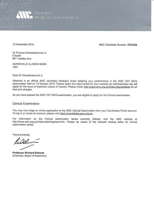 AMC Part 1 Pass Letter PDF AMC Part 1 Pass Letter PDF