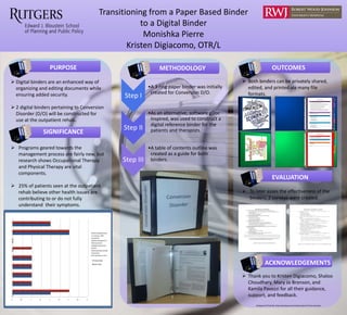 Transitioning from a Paper Based Binder
to a Digital Binder
Monishka Pierre
Kristen Digiacomo, OTR/L
PURPOSE
SIGNIFICANCE
OUTCOMESMETHODOLOGY
 Digital binders are an enhanced way of
organizing and editing documents while
ensuring added security.
 2 digital binders pertaining to Conversion
Disorder (D/O) will be constructed for
use at the outpatient rehab.
 Programs geared towards the
management process are fairly new, but
research shows Occupational Therapy
and Physical Therapy are vital
components.
 25% of patients seen at the outpatient
rehab believe other health issues are
contributing to or do not fully
understand their symptoms.
 Both binders can be privately shared,
edited, and printed via many file
formats.
 Thank you to Kristen Digiacomo, Shaloo
Choudhary, Mary Jo Bronson, and
Kamila Pavezzi for all their guidance,
support, and feedback.
Background Photo By: https://pixabay.com/en/photos/pencil/?cat=computer
 To later asses the effectiveness of the
binders, 2 surveys were created.
ACKNOWLEDGEMENTS
EVALUATION
Step I
•A 3 ring paper binder was initially
created for Conversion D/O.
Step II
•As an alternative, software gDoc
Inspired, was used to construct a
digital reference binder for the
patients and therapists.
Step III
•A table of contents outline was
created as a guide for both
binders.
 