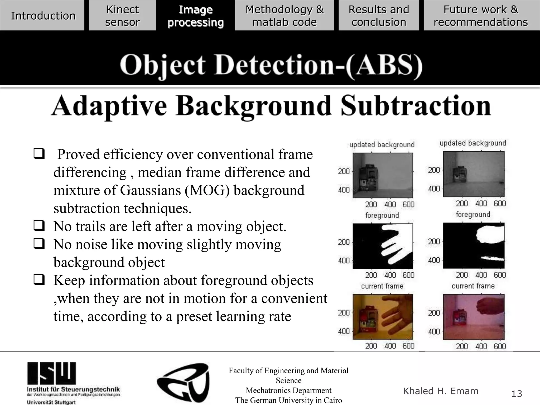Faculty of Engineering and Material
Science
Mechatronics Department
The German University in Cairo
Khaled H. Emam 13
Introduction
Kinect
sensor
Image
processing
Methodology &
matlab code
Results and
conclusion
Future work &
recommendations
 Proved efficiency over conventional frame
differencing , median frame difference and
mixture of Gaussians (MOG) background
subtraction techniques.
 No trails are left after a moving object.
 No noise like moving slightly moving
background object
 Keep information about foreground objects
,when they are not in motion for a convenient
time, according to a preset learning rate
 