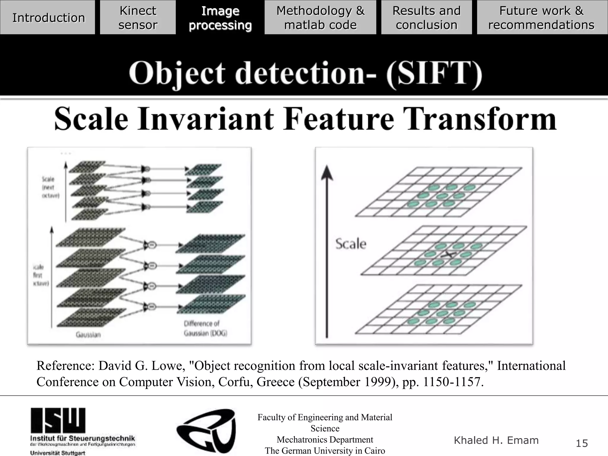 Faculty of Engineering and Material
Science
Mechatronics Department
The German University in Cairo
Khaled H. Emam 15
Introduction
Kinect
sensor
Image
processing
Methodology &
matlab code
Results and
conclusion
Future work &
recommendations
Reference: David G. Lowe, "Object recognition from local scale-invariant features," International
Conference on Computer Vision, Corfu, Greece (September 1999), pp. 1150-1157.
 