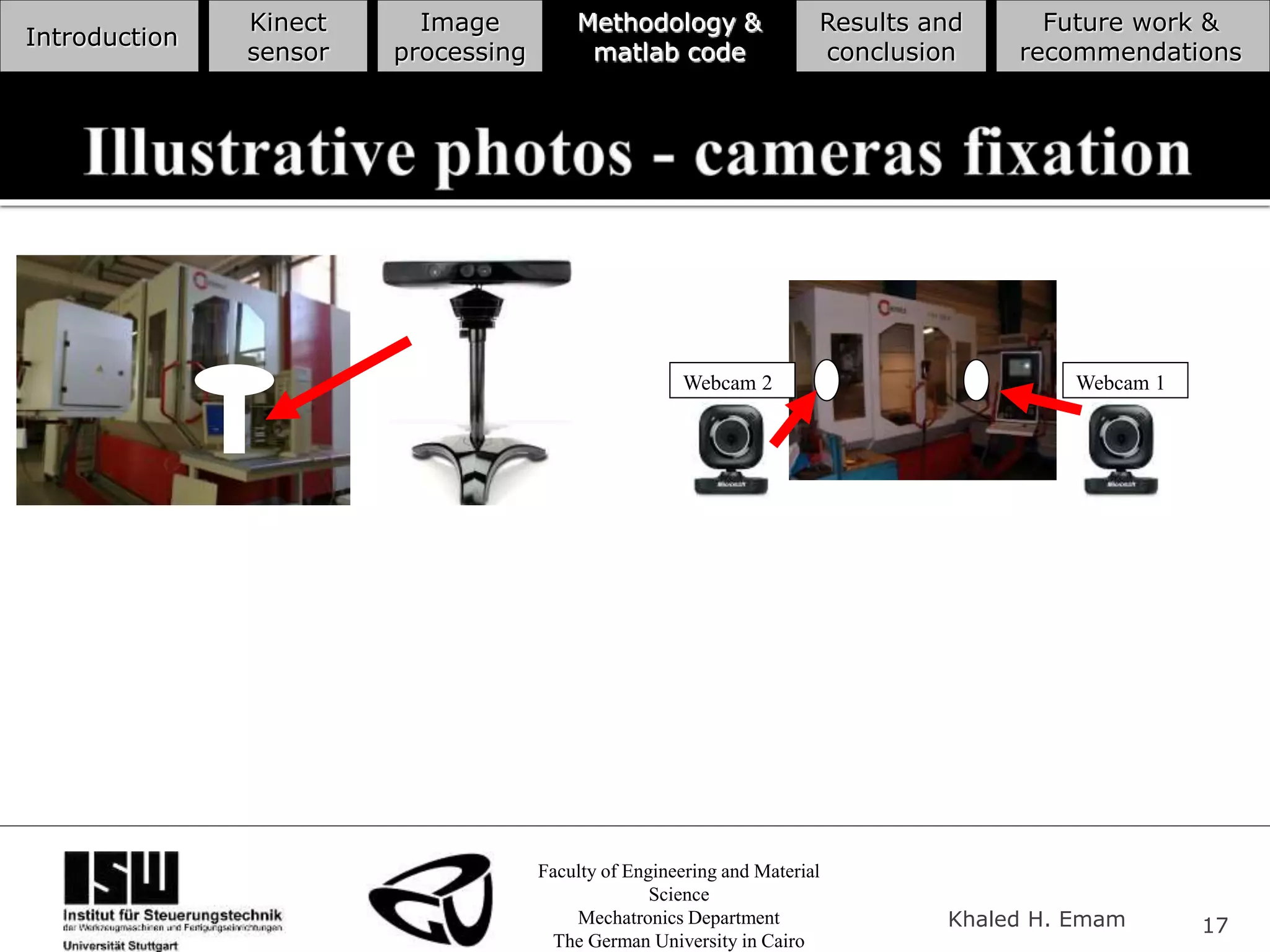 Faculty of Engineering and Material
Science
Mechatronics Department
The German University in Cairo
Khaled H. Emam 17
Introduction
Kinect
sensor
Image
processing
Methodology &
matlab code
Results and
conclusion
Future work &
recommendations
Webcam 2 Webcam 1
 