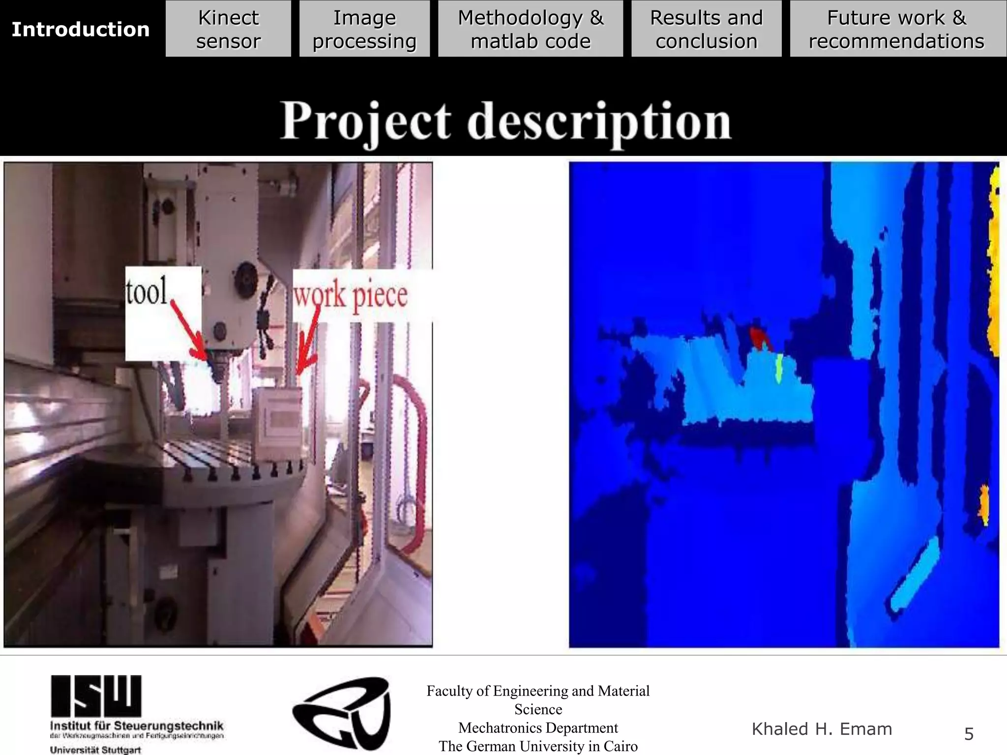 Faculty of Engineering and Material
Science
Mechatronics Department
The German University in Cairo
Khaled H. Emam 5
Introduction
Kinect
sensor
Image
processing
Methodology &
matlab code
Results and
conclusion
Future work &
recommendations
 