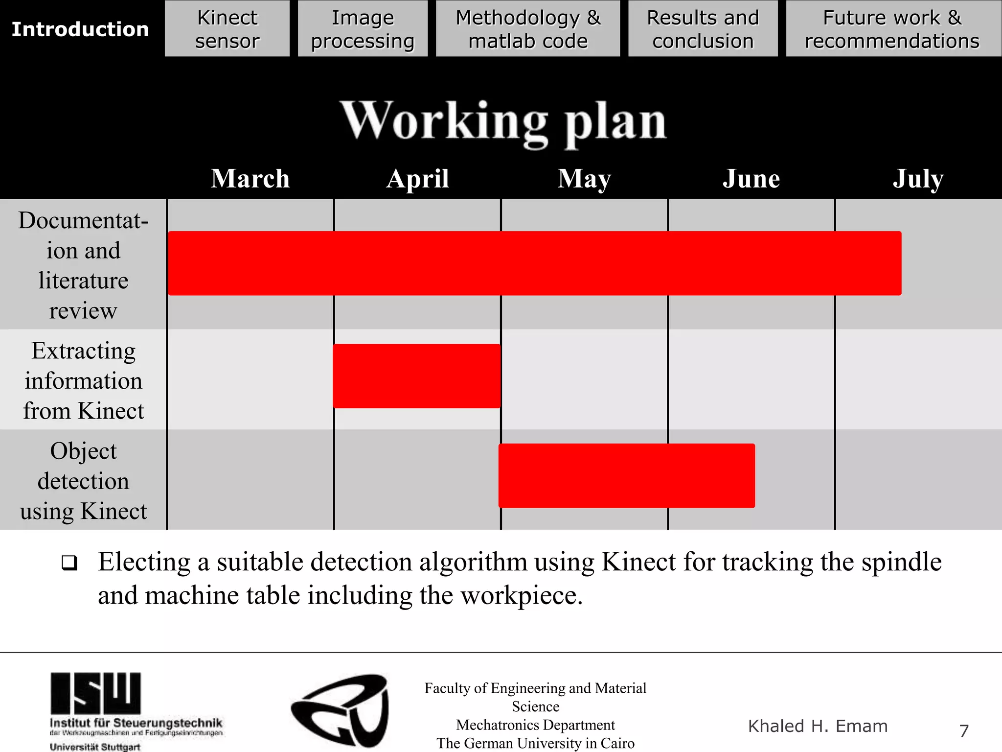 Faculty of Engineering and Material
Science
Mechatronics Department
The German University in Cairo
Khaled H. Emam 7
Introduction
Kinect
sensor
Image
processing
Methodology &
matlab code
Results and
conclusion
Future work &
recommendations
 Electing a suitable detection algorithm using Kinect for tracking the spindle
and machine table including the workpiece.
March April May June July
Documentat-
ion and
literature
review
Extracting
information
from Kinect
Object
detection
using Kinect
 