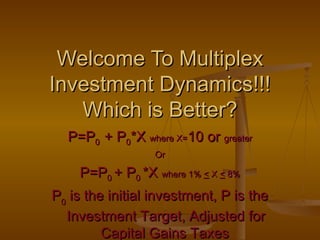 Welcome To MultiplexWelcome To Multiplex
Investment Dynamics!!!Investment Dynamics!!!
Which is Better?Which is Better?
P=PP=P00 + P+ P00*X*X where X=where X=10 or10 or greatergreater
OrOr
P=PP=P00 + P+ P00 *X*X where 1%where 1% << XX << 8%8%
PP00 is the initial investment, P is theis the initial investment, P is the
Investment Target, Adjusted forInvestment Target, Adjusted for
Capital Gains TaxesCapital Gains Taxes
 