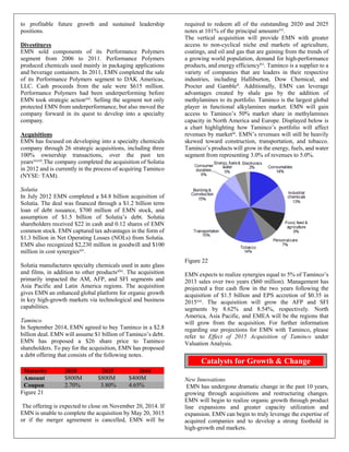 to profitable future growth and sustained leadership
positions.
Divestitures
EMN sold components of its Performance Polymers
segment from 2006 to 2011. Performance Polymers
produced chemicals used mainly in packaging applications
and beverage containers. In 2011, EMN completed the sale
of its Performance Polymers segment to DAK Americas,
LLC. Cash proceeds from the sale were $615 million.
Performance Polymers had been underperforming before
EMN took strategic actionxxi. Selling the segment not only
protected EMN from underperformance, but also moved the
company forward in its quest to develop into a specialty
company.
Acquisitions
EMN has focused on developing into a specialty chemicals
company through 26 strategic acquisitions, including three
100% ownership transactions, over the past ten
yearsxxxiii
.The company completed the acquisition of Solutia
in 2012 and is currently in the process of acquiring Taminco
(NYSE: TAM).
Solutia
In July 2012 EMN completed a $4.8 billion acquisition of
Solutia. The deal was financed through a $1.2 billion term
loan of debt issuance, $700 million of EMN stock, and
assumption of $1.5 billion of Solutia’s debt. Solutia
shareholders received $22 in cash and 0.12 shares of EMN
common stock. EMN captured tax advantages in the form of
$1.3 billion in Net Operating Losses (NOLs) from Solutia.
EMN also recognized $2,230 million in goodwill and $100
million in cost synergiesxiv
.
Solutia manufactures specialty chemicals used in auto glass
and films, in addition to other productsxlvi
. The acquisition
primarily impacted the AM, AFP, and SFI segments and
Asia Pacific and Latin America regions. The acquisition
gives EMN an enhanced global platform for organic growth
in key high-growth markets via technological and business
capabilities.
Taminco
In September 2014, EMN agreed to buy Taminco in a $2.8
billion deal. EMN will assume $1 billion of Taminco’s debt.
EMN has proposed a $26 share price to Taminco
shareholders. To pay for the acquisition, EMN has proposed
a debt offering that consists of the following notes.
Figure 21
The offering is expected to close on November 20, 2014. If
EMN is unable to complete the acquisition by May 20, 3015
or if the merger agreement is cancelled, EMN will be
required to redeem all of the outstanding 2020 and 2025
notes at 101% of the principal amountsxvi
.
The vertical acquisition will provide EMN with greater
access to non-cyclical niche end markets of agriculture,
coatings, and oil and gas that are gaining from the trends of
a growing world population, demand for high-performance
products, and energy efficiencylvi
. Taminco is a supplier to a
variety of companies that are leaders in their respective
industries, including Halliburton, Dow Chemical, and
Procter and Gambleli
. Additionally, EMN can leverage
advantages created by shale gas by the addition of
methylamines to its portfolio. Taminco is the largest global
player in functional alkylamines market. EMN will gain
access to Taminco’s 50% market share in methylamines
capacity in North America and Europe. Displayed below is
a chart highlighting how Taminco’s portfolio will affect
revenues by marketiii
. EMN’s revenues will still be heavily
skewed toward construction, transportation, and tobacco.
Taminco’s products will grow in the energy, fuels, and water
segment from representing 3.0% of revenues to 5.0%.
Figure 22
EMN expects to realize synergies equal to 5% of Taminco’s
2013 sales over two years ($60 million). Management has
projected a free cash flow in the two years following the
acquisition of $1.5 billion and EPS accretion of $0.35 in
2015xxi. The acquisition will grow the AFP and SFI
segments by 8.62% and 8.54%, respectively. North
America, Asia Pacific, and EMEA will be the regions that
will grow from the acquisition. For further information
regarding our projections for EMN with Taminco, please
refer to Effect of 2015 Acquisition of Taminco under
Valuation Analysis.
New Innovations
EMN has undergone dramatic change in the past 10 years,
growing through acquisitions and restructuring changes.
EMN will begin to realize organic growth through product
line expansions and greater capacity utilization and
expansion. EMN can begin to truly leverage the expertise of
acquired companies and to develop a strong foothold in
high-growth end markets.
Maturity 2020 2025 2044
Amount $800M $800M $400M
Coupon 2.70% 3.80% 4.65%
Catalysts for Growth & Change
 