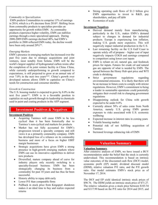 Commodity to Specialization
EMN predicts Commodities to comprise 13% of earnings
in 2014, which is a 4% decrease from 2010iii. Shifting focus
from commodity products to specialties provides an
opportunity for growth within EMN. As commodity
products experience higher volatility, EMN can stabilize
earnings through a more specialized approach. During
2008-2009 EMN earnings declined 40%, had EMN’s
portfolio in 2008 reflected EMN today, the decline would
have been only around 20%lvii.
Emerging Markets
EMN’s presence in emerging markets has increased over the
past five years due to strategic acquisitions and joint
ventures, most notably from Solutia. EMN will be the
world’s largest supplier of hydrogenated carbon resins after
the completion of its joint venture facility in China. China,
while currently underperforming in growth compared to
expectations, is still projected to grow at an annual rate of
over 7.0% in the next two yearsxxxii
. China’s growth over
developed nations allows EMN to capitalize on China’s
needs for construction and consumer durables.
Growth in Construction
The U.S. housing market is expected to grow by 8.0% in the
next five yearsxxx
. EMN is in a favorable position to
capitalize on such growth through its leadership in chemicals
used in paint and coating products in the AFP segment.
Investment Positives
• Acquiring Taminco will cause EMN to be less
cyclical than it has been historically due to
Taminco’s non-cyclical end markets for products
• Market has not fully accounted for EMN’s
progression toward a specialty company and still
views it as a primarily commodity company. EMN
has developed less of a reliance on its commodity
business and more of a focus on higher EBIT
margin businesses
• Strategic acquisitions have given EMN a strong
presence in high-growth emerging markets where
EMN can use its innovative capabilities to deliver
new products
• Diversified, mature company ahead of curve for
industry players only recently switching to a
specialty-focused business. EMN has been
strategically changing its business from a
commodity for past 10 years and has thus far been
successful.
• Historic ability to repay debt early
• Lower P/E than comparable firms
• Pullback in stock price from Kingsport shutdown
makes it an ideal time to buy and realize expected
returns
• Strong operating cash flows of $1.3 billion give
EMN opportunities to invest in R&D, pay
shareholders, and pay off debt
• Economies of scale
Investment Negatives
• Derived demand mainly from manufacturing,
particularly in the U.S., makes EMN’s demand
subject to changes in demand for industrial
products. Europe is experiencing low inflation,
making U.S. goods more expensive. This will
negatively impact industrial production in the U.S.
• Last remaining facility on the U.S Gulf Coast to
operate solely off of propane – higher cost of input
negatively impacts COGS and earnings compared
to competitors using lower cost inputs
• EMN is reliant on oil, natural gas, and feedstock
prices for inputs. Futures for crude oil and natural
gas are opposite of what is needed by EMN. The
spread between the Henry Hub spot price and WTI
crude is shrinking.
• Strict government regulations regarding
environmental emissions. It is likely that there will
be an increase in future costs to comply with stricter
regulations. However, EMN’s commitment to being
a leader in sustainable operations could potentially
mitigates their overall risk to changing government
regulations
• Disappointing outlook for China with growth
expected to be under 8.0%
• Currently almost 50% of sales come from North
America, namely U.S. giving EMN greater
exposure to risks associated with U.S. economic
wellbeing
• Expected increase in interest rates in coming years
• Volatile housing market
• Potential risk of not fulfilling acquisition of
Taminco
• Increased leverage enhancing risk of EMN
Valuation Summary
After extensive analysis of EMN, we have issued a BUY
recommendation under the belief that the stock is currently
undervalued. This recommendation is based on intrinsic
value outcomes of the discounted cash flow (DCF) model,
economic profit (EP) model, dividend discount model
(DDM), relative valuation P/E ratio, and the P/E growth
ratio. Our model estimates EMN’s stock price as of
November 17, 2014.
The DCF and EP yield identical intrinsic stock prices of
$98.76. The DDM yields an intrinsic stock price of $71.27.
The relative valuation gives a stock price between $103.54
and $117.99 based on the P/E ratio for 2014 and 2015, and
Investment Positives & Negatives
Valuation Summary
 