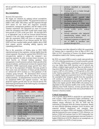 $83.82 and $95.10 based on the P/E growth ratio for 2014
and 2015.
Key Assumptions
Revenue Decomposition
We began our valuation by making critical assumptions
about the future growth of EMN. We projected revenues in
EMN’s AFP, A&P, AM, Fibers, and SFI segments through
2019 based on our short and long-term economic
assumptions, management guidance, and the impact of the
Taminco acquisition. We forecasted six years of revenue
under the assumption that EMN would reach steady long-
term growth of 3.24% in the year 2019. We feel that 2019
is an appropriate year to end our forecast period because
Taminco is the sole future acquisition in our forecast and
after the acquisition EMN will focus on organic growth
throughout the duration of our forecast period. By 2019,
EMN will have reached stable growth slightly above GDP
from organic growth, including adding capacity and
expanding product lines.
Due to the acquisition of Solutia, prior to 2012 EMN
reported earnings in four segments, varying slightly from the
current segments. Revenue by segment from 2010-2012 was
retrospectively applied to reflect the company’s new
reporting segments. In order to project future revenues, we
relied heavily on forward looking guidance from
management, overall economic outlook, future growth of the
chemical industry, and historical revenues by segment from
2010-2013. EMN experienced unique growth from 2012-
2013 due to the acquisition of Solutia. Revenue growth in
these years were not indicative of future growth, therefore
we utilized Q3 2014 revenues as a best predictor of the
company going forward. We determined 2014 revenues
represented a normalized growth that reflects the current
product portfolio. To help determine revenues for FY 2014,
we annualized EMN’s Q3 segment revenues. We then
projected organic growth rates for our forecast period. We
determined growth based on the following key assumptions
surrounding each segment:
Segment Assumptions
AFP • CAGR: 8.62% (4.6% without
acquisition)
• Housing market in U.S. growth of
8.0% from 2014 to 2019
• Growth in automobile manufacturing
of 4.9% in U.S. through 2019
A&P • CAGR: 4.5%
• Expansion into China through joint
venture that would make EMN
largest supplier of hydrogenated
carbon resins (used in products that
absorb liquids)
AM • CAGR: 4.4%
• Benefitting most from increased
R&D and EMN goal of 2/3 of new
products classified as sustainably
advantageous
• Continue to grow as leader through
gaining market share
Fibers • CAGR: 1.0%
• Maintain steady growth after
completion of new Chinese acetate
tow factory opens in 2014
• Smoking demand in China stays
stable in midst of economic growth
slowing through forecast horizon
SFI • CAGR: 8.54% (4.9% without
acquisition)
• Growth consistent with industrial
manufacturing output, which we
expect to rise in short-term
• Continued expansion of capacity and
use of R&D to introduce new
products through 2019
2015 revenues were then adjusted to reflect the acquisitions
of Taminco that is expected to close in May of 2015. See
Effect of 2015 Acquisition of Taminco for details regarding
assumptions made in the Taminco acquisition.
By 2019, we expect EMN to reach a steady state growth rate
of 3.24% reflecting predictions of overall economic growth
at that time. EMN remains committed to growing revenues
at a rate higher than GDP, therefore our CV growth rate
reflects a slightly higher growth rate than our predictions of
long term GDP growth of 3.0% xiv
. We project the company
to grow 4.80% in 2014 before 15.72% growth in 2015 due
to the Taminco acquisition. After 2015, we project revenues
at a slightly higher pre-acquisition level of 4.35% based on
the assumption that inorganic growth from the acquisition
will continue be realized in 2016. As the 2019 CV is
approached, we presumed revenue growth would begin to
reflect only organic growth. While EMN will continue to be
dependent on the economic health of the world, with heavy
influence from North America, revenue growth rates after
2016 will be less cyclical due to the non-cyclical behavior of
Taminco’s business model.
Critical Assumptions
Cost of goods sold (COGS) is projected as a percentage of
total revenue. EMN experienced higher profitability, and
lower COGS in 2013 as a result of managerial efforts to
enhance energy efficiency by 20% by 2020 and the
realization of synergies from the Solutia acquisition. Based
on more efficient operating strategies, lower oil prices, and
expected product integrations and synergies from
acquisitions we believe EMN will maintain a COGS lower
than the historical five-year average of 72.0%. However, we
believe COGS will increase from its 2013 historically low
level of 65.0% due to increased propane costs and Taminco’s
higher COGS level of 82.0%. Based on our assumptions, we
project COGS to be 69.0% of total revenue.
 