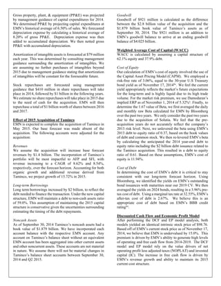 Gross property, plant, & equipment (PP&E) was projected
by management guidance of capital expenditures for 2014.
We determined PP&E by projecting capital expenditures at
EMN’s historical average of 6.50% of sales. We forecasted
depreciation expense by calculating a historical average of
8.20% of gross PP&E. Depreciation expense was then
added to accumulated depreciation. We then netted gross
PP&E with accumulated depreciation.
Amortization of intangible assets is forecasted at $79 million
each year. This was determined by consulting management
guidance surrounding the amortization of intangibles. We
are assuming no further purchases of intangibles beyond
2015 due to management guidance stating that amortization
of intangibles will be constant for the foreseeable future.
Stock repurchases are forecasted using management
guidance that $410 million in share repurchases will take
place in 2014, followed by $1 billion in the following years.
We estimate no share repurchases will take place in 2015 due
to the need of cash for the acquisition. EMN will then
repurchase a total of $1 billion worth of shares between 2016
and 2017.
Effect of 2015 Acquisition of Taminco
EMN is expected to complete the acquisition of Taminco in
May 2015. Our base forecast was made absent of the
acquisition. The following accounts were adjusted for the
acquisition:
Revenues
We assume the acquisition will increase base forecast
revenues by $1.4 billion. The incorporation of Taminco’s
portfolio will be most impactful to AFP and SFI, with
revenue increasing to a CAGR of 8.62% and 8.54%,
respectively, over the forecast horizon. Accounting for both
organic growth and additional revenue derived from
Taminco, we project growth of 15.72% in 2015.
Long-term Borrowings
Long term borrowings increased by $2 billion, to reflect the
debt needed to finance the transaction. Under the new capital
structure, EMN will maintain a debt to non-cash assets ratio
of 59.0%. This assumption of maintaining the 2015 capital
structure is conservative given the uncertainties surrounding
estimating the timing of the debt repayments.
Noncash Assets
As of September 30, 2014 Taminco’s noncash assets had a
book value of $1.879 billion. We have incorporated each
account balance with the respective EMN account. Any
account on Taminco’s balance sheet without an equivalent
EMN account has been aggregated into other current assets
and other noncurrent assets. These accounts are not material
in nature. We assume there will not be material changes in
Taminco’s balance sheet accounts between September 30,
2014 and Q2 2015.
Goodwill
Goodwill of $921 million is calculated as the difference
between the $2.8 billion value of the acquisition and the
$1.879 billion book value of Taminco’s assets as of
September 30, 2014. The $921 million is an addition to
EMN’s goodwill balance to arrive at an ending goodwill
balance of $4.025 billion.
Weighted Average Cost of Capital (WACC)
WACC is calculated by assuming a capital structure of
62.1% equity and 37.9% debt.
Cost of Equity
Our calculation of EMN’s cost of equity involved the use of
the Capital Asset Pricing Model (CAPM). We employed a
risk-free rate of 3.06%, equal to the 30-year U.S Treasury
bond yield as of November 17, 2014liv
. We feel the current
yield appropriately reflects the market’s future expectations
for the long-term and is highly liquid due to its high trade
volume. For the market risk premium, we use Damodaran’s
implied ERP as of November 1, 2014 of 5.32%x
. Finally, to
determine the 1.67 value of Beta, we first averaged the daily
and monthly raw Beta calculated for EMN by Bloomberg
over the past two years. We only consider the past two years
due to the acquisition of Solutia. We feel that the pre-
acquisition years do not accurately reflect the company’s
2013 risk level. Next, we unlevered the beta using EMN’s
2013 debt to equity ratio of 0.37, based on the book values
of debt and common stock. We then re-levered EMN’s beta
by calculating the anticipated the 2014 year-end debt to
equity ratio including the $2 billion debt issuance related to
the Taminco acquisition. This resulted in a debt to equity
ratio of 0.61. Based on these assumptions, EMN’s cost of
equity is 11.94%.
Cost of Debt
In determining the cost of EMN’s debt it is critical to stay
consistent with our long-term forecast horizon. Using
Bloomberg, we identified the yields on EMN’s outstanding
bond issuances with maturities near our 2019 CV. We then
averaged the yields on 2024 bonds, resulting in a 3.96% pre-
tax cost of debt. Using a marginal tax rate at 32.55%, EMN’s
after-tax cost of debt is 2.67%. We believe this is an
appropriate cost of debt based on EMN’s BBB credit
ratinglvi
.
Discounted Cash Flow and Economic Profit Model
After performing the DCF and EP model analysis, both
models yielded an identical intrinsic stock price of $98.76.
Based off of EMN’s current stock price as of November 17,
2014, we believe that EMN is undervalued by 15.0%. This
premium is driven by EMN’s ability to generate high levels
of operating and free cash flow from 2014-2019. The DCF
model and EP model rely on the value drivers of net
operating profit less adjusted taxes (NOPLAT) and invested
capital (IC). The increase in free cash flow is driven by
EMN’s revenue growth and ability to maintain its 2015
current cost structure.
 