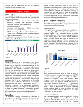 Materials will likely underperform until mid-2015 and begin
to over perform beginning in 2016.
Industry Overview
The materials industry can be broken down into the
following industry groups, according to the Global Industry
Classification Standard:
• Chemicals – Commodity Chemicals, Diversified
Chemicals, Fertilizers and Agricultural Chemicals,
Industrial Gases, and Specialty Chemicals
• Construction Materials
• Containers and Packaging – Metals and Glass
Containers, and Paper Packaging
• Metals and Mining – Aluminum, Diversified Metals and
Mining, Gold, Precious Metals and Minerals, and Steel
• Paper and Forest Products
The Materials sector makes up 3.5% of the S&P 500 Index,
as of November 17, 2014il.
Figure 10
Sub-Industry
Diversified chemicals is a sub-industry that focuses
operations on converting raw materials and/or feedstocks
derived from oil, natural gas, metals, materials, and air into
more valuable products used in industrial and consumer
marketsxxxviii
. This industry is currently in the mature
lifecycle stage because of the amount of consolidations
within the industry, consisting mainly of established firms
acquiring specialty firms as a way to gain market share.
Additionally, diversified chemicals is cyclical in nature due
to the cyclical nature of its main consumers in the
construction, automobiles, and industrial manufacturing
industries. The level of concentration in diversified
chemicals is low, with the top three players accounting for
less than 5.0% of total industry revenue thus far in 2014xxxviii
.
Diversified chemicals is a fragmented sub-industry
comprised of both large and small players that offer a variety
of products. EMN is considered a medium-size company
within the industry, as it competes against both niche
specialty companies and large commodity companies.
Product Lines
The diversified chemicals sub-industry is comprised of
commodities and specialty companies. Commodities are
characterized by having higher volume of capacity due to the
greater need for commodities across a broad range of
industries. Specialties have a focused market, resulting in
lesser demand and lower volume of capacity than
commoditiesxxxviii. Products are classified according to
consumer use into the following lines: petrochemicals,
plastics, chlor-alkalis, and fertilizers. Major end markets that
use chemical products include construction, automobiles,
agriculture, and industrial manufacturing.
Recent Trends and Developments
The diversified materials industry has witnessed increased
demand from emerging markets, heavy consolidation, and
stringent environmental regulation.
Emerging Markets
As the graph below indicates, by 2020 it is expected that the
percentage of global demand for chemicals will increase for
emerging markets, with a significant increase in demand
from China. Demand will increase in emerging markets due
to the growing middle class having greater purchasing
ability. Increased demand will cause an increase in the
production of consumer products that use chemicals as an
input. Many players, including EMN, are investing in and
moving production facilities abroad to capitalize on the
faster growth and lower costs associated with certain end
markets.
Figure 11
Consolidation
Since the global recession, there has been an upturn in
consolidation activity amongst industry players. EMN has
contributed to this activity by acquiring Solutia in 2012 and
engaging in numerous global joint ventures. When
companies merge they can create synergies that reduce
operating costs and achieve greater efficiencies in
procurement of materials and logisticsxxxviii. Consolidations
offer an alternative way to using capital to build large-scale
plants. A trend in the industry is to divest commodity
product lines and focus on more specialized high profit
margin segments. EMN did this in 2012, when it divested its
Performance Polymers division.
Government Regulation
The Chemicals industry is subject to strict rules regarding
greenhouse gas (GHG) emissions and toxic waste. Such
regulations include the Clean Air Act, Clean Water Act, and
Resource Conservation and Recovery Act. Chemical
41%
23% 20%
9% 7%
49%
20% 16%
8% 7%
0.0%
10.0%
20.0%
30.0%
40.0%
50.0%
60.0%
Percentageofglobal
chemicaldemand
2010 2020
Industry Analysis
 