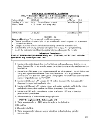 104
COMPUTER NETWORKS LABORATORY
B.E., VI Semester, Electronics & Communication Engineering
[As per Choice Based Credit System (CBCS) scheme]
Subject Code 15ECL68 IA Marks 20
Number of Lecture
Hours/Week
01Hr Tutorial (Instructions)
+ 02 Hours Laboratory = 03
Exam Marks 80
RBT Levels L1, L2, L3 Exam Hours 03
CREDITS – 02
Course objectives: This course will enable students to:
• Choose suitable tools to model a network and understand the protocols at various
OSI reference levels.
• Design a suitable network and simulate using a Network simulator tool.
• Simulate the networking concepts and protocols using C/C++ programming.
• Model the networks for different configurations and analyze the results.
Laboratory Experiments
PART-A: Simulation experiments using NS2/ NS3/ OPNET/ NCTUNS/ NetSim/
QualNet or any other equivalent tool
1. Implement a point to point network with four nodes and duplex links between
them. Analyze the network performance by setting the queue size and varying the
bandwidth.
2. Implement a four node point to point network with links n0-n2, n1-n2 and n2-n3.
Apply TCP agent between n0-n3 and UDP between n1-n3. Apply relevant
applications over TCP and UDP agents changing the parameter and determine the
number of packets sent by TCP/UDP.
3. Implement Ethernet LAN using n (6-10) nodes. Compare the throughput by
changing the error rate and data rate.
4. Implement Ethernet LAN using n nodes and assign multiple traffic to the nodes
and obtain congestion window for different sources/ destinations.
5. Implement ESS with transmission nodes in Wireless LAN and obtain the
performance parameters.
6. Implementation of Link state routing algorithm.
PART-B: Implement the following in C/C++
1. Write a program for a HLDC frame to perform the following.
i) Bit stuffing
ii) Character stuffing.
2. Write a program for distance vector algorithm to find suitable path for
transmission.
 