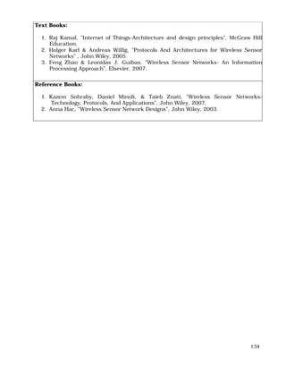 134
Text Books:
1. Raj Kamal, ”Internet of Things-Architecture and design principles”, McGraw Hill
Education.
2. Holger Karl & Andreas Willig, "Protocols And Architectures for Wireless Sensor
Networks" , John Wiley, 2005.
3. Feng Zhao & Leonidas J. Guibas, “Wireless Sensor Networks- An Information
Processing Approach", Elsevier, 2007.
Reference Books:
1. Kazem Sohraby, Daniel Minoli, & Taieb Znati, “Wireless Sensor Networks-
Technology, Protocols, And Applications”, John Wiley, 2007.
2. Anna Hac, “Wireless Sensor Network Designs”, John Wiley, 2003.
 