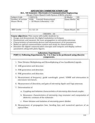 141
ADVANCED COMMUNICATION LAB
B.E., VII Semester, Electronics & Communication Engineering
[As per Choice Based Credit System (CBCS) scheme]
Subject Code 15ECL76 IA Marks 20
Number of Lecture
Hours/Week
01Hr Tutorial (Instructions)
+ 02 Hours Laboratory = 03
Exam Marks 80
RBT Levels L1, L2, L3 Exam Hours 03
CREDITS – 02
Course objectives: This course will enable students to:
• Design and demonstrate the digital modulation techniques
• Demonstrate and measure the wave propagation in microstrip antennas
• Characteristics of microstrip devices and measurement of its parameters.
• Model an optical communication system and study its characteristics.
• Simulate the digital communication concepts and compute and display various
parameters along with plots/figures.
Laboratory Experiments
PART-A: Following Experiments No. 1 to 4 has to be performed using discrete
components.
1. Time Division Multiplexing and Demultiplexing of two bandlimited signals.
2. ASK generation and detection
3. FSK generation and detection
4. PSK generation and detection
5. Measurement of frequency, guide wavelength, power, VSWR and attenuation in
microwave test bench.
6. Measurement of directivity and gain of microstrip dipole and Yagi antennas.
7. Determination of
a. Coupling and isolation characteristics of microstrip directional coupler.
b. Resonance characteristics of microstrip ring resonator and computation of
dielectric constant of the substrate.
c. Power division and isolation of microstrip power divider.
8. Measurement of propagation loss, bending loss and numerical aperture of an
optical fiber.
 