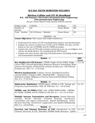 146
B.E E&C EIGTH SEMESTER SYLLABUS
Wireless Cellular and LTE 4G Broadband
B.E., VIII Semester, Electronics &Communication Engineering/
Telecommunication Engineering
[As per Choice Based Credit System (CBCS) scheme]
Subject Code 15EC81 IA Marks 20
Number of
Lecture
Hours/Week
04 Exam Marks 80
Total Number 50 (10 Hours / Module) Exam Hours 03
CREDITS – 04
Course Objectives: This course will enable students to:
• Understand the basics of LTE standardization phases and specifications.
• Explain the system architecture of LTE and E-UTRAN, the layer of LTE,
based on the use of OFDMA and SC-FDMA principles.
• Analyze the role of LTE radio interface protocols to set up, reconfigure and
release the Radio Bearer, for transferring the EPS bearer.
• Analyze the main factors affecting LTE performance including mobile speed
and transmission bandwidth.
Module – 1 RBT
Level
Key Enablers for LTE features: OFDM, Single carrier FDMA, Single
carrier FDE, Channel Dependent Multiuser Resource Scheduling, Multi
antenna Techniques, IP based Flat network Architecture, LTE Network
Architecture. (Sec 1.4- 1.5 of Text).
Wireless Fundamentals: Cellular concept, Broadband wireless
channel (BWC), Fading in BWC, Modeling BWC – Empirical and
Statistical models, Mitigation of Narrow band and Broadband Fading
(Sec 2.2 – 2.7of Text).
L1, L2
Module – 2
Multicarrier Modulation: OFDM basics, OFDM in LTE, Timing and
Frequency Synchronization, PAR, SC-FDE (Sec 3.2 – 3.6 of Text).
OFDMA and SC-FDMA:OFDM with FDMA,TDMA,CDMA, OFDMA,
SC-FDMA, OFDMA and SC-FDMA in LTE (Sec 4.1 – 4.3, 4.5 of Text).
Multiple Antenna Transmission and Reception: Spatial Diversity
overview, Receive Diversity, Transmit Diversity, Interference
cancellation and signal enhancement, Spatial Multiplexing, Choice
between Diversity, Interference suppression and Spatial Multiplexing
(Sec 5.1 – 5.6 of Text).
L1, L2
Module – 3
Overview and Channel Structure of LTE: Introduction to LTE,
Channel Structure of LTE, Downlink OFDMA Radio Resource, Uplink
L1, L2
 