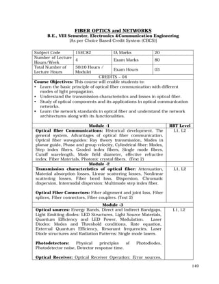149
FIBER OPTICS and NETWORKS
B.E., VIII Semester, Electronics &Communication Engineering
[As per Choice Based Credit System (CBCS)]
Subject Code 15EC82 IA Marks 20
Number of Lecture
Hours/Week
4 Exam Marks 80
Total Number of
Lecture Hours
50(10 Hours /
Module)
Exam Hours 03
CREDITS – 04
Course Objectives: This course will enable students to:
• Learn the basic principle of optical fiber communication with different
modes of light propagation.
• Understand the transmission characteristics and losses in optical fiber.
• Study of optical components and its applications in optical communication
networks.
• Learn the network standards in optical fiber and understand the network
architectures along with its functionalities.
Module -1 RBT Level
Optical fiber Communications: Historical development, The
general system, Advantages of optical fiber communication,
Optical fiber waveguides: Ray theory transmission, Modes in
planar guide, Phase and group velocity, Cylindrical fiber: Modes,
Step index fibers, Graded index fibers, Single mode fibers,
Cutoff wavelength, Mode field diameter, effective refractive
index. Fiber Materials, Photonic crystal fibers. (Text 2)
L1, L2
Module -2
Transmission characteristics of optical fiber: Attenuation,
Material absorption losses, Linear scattering losses, Nonlinear
scattering losses, Fiber bend loss, Dispersion, Chromatic
dispersion, Intermodal dispersion: Multimode step index fiber.
Optical Fiber Connectors: Fiber alignment and joint loss, Fiber
splices, Fiber connectors, Fiber couplers. (Text 2)
L1, L2
Module -3
Optical sources: Energy Bands, Direct and Indirect Bandgaps,
Light Emitting diodes: LED Structures, Light Source Materials,
Quantum Efficiency and LED Power, Modulation. Laser
Diodes: Modes and Threshold conditions, Rate equation,
External Quantum Efficiency, Resonant frequencies, Laser
Diode structures and Radiation Patterns: Single mode lasers.
Photodetectors: Physical principles of Photodiodes,
Photodetector noise, Detector response time.
Optical Receiver: Optical Receiver Operation: Error sources,
L1, L2
 