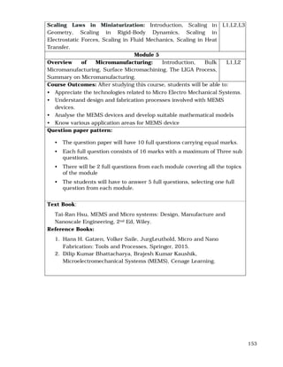 153
Scaling Laws in Miniaturization: Introduction, Scaling in
Geometry, Scaling in Rigid-Body Dynamics, Scaling in
Electrostatic Forces, Scaling in Fluid Mechanics, Scaling in Heat
Transfer.
L1,L2,L3
Module 5
Overview of Micromanufacturing: Introduction, Bulk
Micromanufacturing, Surface Micromachining, The LIGA Process,
Summary on Micromanufacturing.
L1,L2
Course Outcomes: After studying this course, students will be able to:
• Appreciate the technologies related to Micro Electro Mechanical Systems.
• Understand design and fabrication processes involved with MEMS
devices.
• Analyse the MEMS devices and develop suitable mathematical models
• Know various application areas for MEMS device
Question paper pattern:
• The question paper will have 10 full questions carrying equal marks.
• Each full question consists of 16 marks with a maximum of Three sub
questions.
• There will be 2 full questions from each module covering all the topics
of the module
• The students will have to answer 5 full questions, selecting one full
question from each module.
Text Book:
Tai-Ran Hsu, MEMS and Micro systems: Design, Manufacture and
Nanoscale Engineering, 2nd Ed, Wiley.
Reference Books:
1. Hans H. Gatzen, Volker Saile, JurgLeuthold, Micro and Nano
Fabrication: Tools and Processes, Springer, 2015.
2. Dilip Kumar Bhattacharya, Brajesh Kumar Kaushik,
Microelectromechanical Systems (MEMS), Cenage Learning.
 