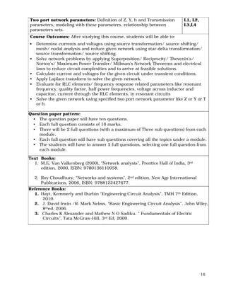 16
Two port network parameters: Definition of Z, Y, h and Transmission
parameters, modeling with these parameters, relationship between
parameters sets.
L1, L2,
L3,L4
Course Outcomes: After studying this course, students will be able to:
• Determine currents and voltages using source transformation/ source shifting/
mesh/ nodal analysis and reduce given network using star-delta transformation/
source transformation/ source shifting.
• Solve network problems by applying Superposition/ Reciprocity/ Thevenin’s/
Norton’s/ Maximum Power Transfer/ Millman’s Network Theorems and electrical
laws to reduce circuit complexities and to arrive at feasible solutions.
• Calculate current and voltages for the given circuit under transient conditions.
• Apply Laplace transform to solve the given network.
• Evaluate for RLC elements/ frequency response related parameters like resonant
frequency, quality factor, half power frequencies, voltage across inductor and
capacitor, current through the RLC elements, in resonant circuits
• Solve the given network using specified two port network parameter like Z or Y or T
or h.
Question paper pattern:
• The question paper will have ten questions.
• Each full question consists of 16 marks.
• There will be 2 full questions (with a maximum of Three sub questions) from each
module.
• Each full question will have sub questions covering all the topics under a module.
• The students will have to answer 5 full questions, selecting one full question from
each module.
Text Books:
1. M.E. Van Valkenberg (2000), “Network analysis”, Prentice Hall of India, 3rd
edition, 2000, ISBN: 9780136110958.
2. Roy Choudhury, “Networks and systems”, 2nd edition, New Age International
Publications, 2006, ISBN: 9788122427677.
Reference Books:
1. Hayt, Kemmerly and Durbin “Engineering Circuit Analysis”, TMH 7th Edition,
2010.
2. J. David Irwin /R. Mark Nelms, “Basic Engineering Circuit Analysis”, John Wiley,
8thed, 2006.
3. Charles K Alexander and Mathew N O Sadiku, “ Fundamentals of Electric
Circuits”, Tata McGraw-Hill, 3rd Ed, 2009.
 