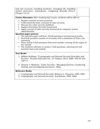 161
and root accounts, installing hardware, reimaging OS, installing
system protection/ antimalware, configuring firewalls (Text-2:
Chapter 3 & 4).
Course Outcomes: After studying this course, students will be able to:
• Explain network security protocols
• Understand the basic concepts of cyber security
• Discuss the cyber security problems
• Explain Enterprise Security Framework
• Apply concept of cyber security framework in computer system
administration
Question paper pattern:
• The question paper will have 10 full questions carrying equal marks.
• Each full question consists of 16 marks with a maximum of Three sub
questions.
• There will be 2 full questions from each module covering all the topics of
the module
• The students will have to answer 5 full questions, selecting one full
question from each module.
Text Books:
1. William Stallings, “Cryptography and Network Security Principles and
Practice”, Pearson Education Inc., 6th Edition, 2014, ISBN: 978-93-325-
1877-3.
2. Thomas J. Mowbray, “Cyber Security – Managing Systems, Conducting
Testing, and Investigating Intrusions”, Wiley.
Reference Books:
1. Cryptography and Network Security, Behrouz A. Forouzan, TMH, 2007.
2. Cryptography and Network Security, Atul Kahate, TMH, 2003.
 