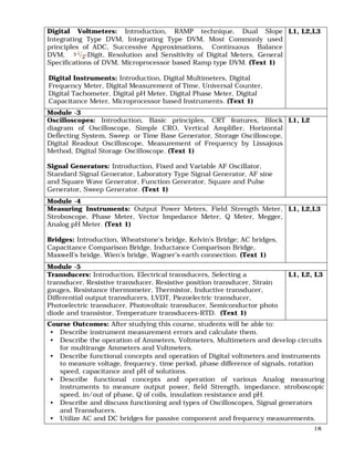 18
Digital Voltmeters: Introduction, RAMP technique, Dual Slope
Integrating Type DVM, Integrating Type DVM, Most Commonly used
principles of ADC, Successive Approximations, Continuous Balance
DVM, -Digit, Resolution and Sensitivity of Digital Meters, General
Specifications of DVM, Microprocessor based Ramp type DVM. (Text 1)
Digital Instruments: Introduction, Digital Multimeters, Digital
Frequency Meter, Digital Measurement of Time, Universal Counter,
Digital Tachometer, Digital pH Meter, Digital Phase Meter, Digital
Capacitance Meter, Microprocessor based Instruments. (Text 1)
L1, L2,L3
Module -3
Oscilloscopes: Introduction, Basic principles, CRT features, Block
diagram of Oscilloscope, Simple CRO, Vertical Amplifier, Horizontal
Deflecting System, Sweep or Time Base Generator, Storage Oscilloscope,
Digital Readout Oscilloscope, Measurement of Frequency by Lissajous
Method, Digital Storage Oscilloscope. (Text 1)
Signal Generators: Introduction, Fixed and Variable AF Oscillator,
Standard Signal Generator, Laboratory Type Signal Generator, AF sine
and Square Wave Generator, Function Generator, Square and Pulse
Generator, Sweep Generator. (Text 1)
L1, L2
Module -4
Measuring Instruments: Output Power Meters, Field Strength Meter,
Stroboscope, Phase Meter, Vector Impedance Meter, Q Meter, Megger,
Analog pH Meter. (Text 1)
Bridges: Introduction, Wheatstone’s bridge, Kelvin’s Bridge; AC bridges,
Capacitance Comparison Bridge, Inductance Comparison Bridge,
Maxwell’s bridge, Wien’s bridge, Wagner’s earth connection. (Text 1)
L1, L2,L3
Module -5
Transducers: Introduction, Electrical transducers, Selecting a
transducer, Resistive transducer, Resistive position transducer, Strain
gauges, Resistance thermometer, Thermistor, Inductive transducer,
Differential output transducers, LVDT, Piezoelectric transducer,
Photoelectric transducer, Photovoltaic transducer, Semiconductor photo
diode and transistor, Temperature transducers-RTD. (Text 1)
L1, L2, L3
Course Outcomes: After studying this course, students will be able to:
• Describe instrument measurement errors and calculate them.
• Describe the operation of Ammeters, Voltmeters, Multimeters and develop circuits
for multirange Ammeters and Voltmeters.
• Describe functional concepts and operation of Digital voltmeters and instruments
to measure voltage, frequency, time period, phase difference of signals, rotation
speed, capacitance and pH of solutions.
• Describe functional concepts and operation of various Analog measuring
instruments to measure output power, field Strength, impedance, stroboscopic
speed, in/out of phase, Q of coils, insulation resistance and pH.
• Describe and discuss functioning and types of Oscilloscopes, Signal generators
and Transducers.
• Utilize AC and DC bridges for passive component and frequency measurements.
 