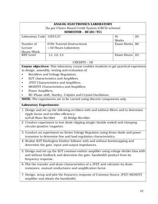 22
ANALOG ELECTRONICS LABORATORY
[As per Choice Based Credit System (CBCS) scheme]
SEMESTER – III (EC/TC)
Laboratory Code 15ECL37 IA
Marks
20
Number of
Lecture
Hours/Week
01Hr Tutorial (Instructions)
+ 02 Hours Laboratory
Exam Marks 80
RBT Level L1, L2, L3 Exam Hours 03
CREDITS – 02
Course objectives: This laboratory course enables students to get practical experience
in design, assembly, testing and evaluation of:
• Rectifiers and Voltage Regulators.
• BJT characteristics and Amplifiers.
• JFET Characteristics and Amplifiers.
• MOSFET Characteristics and Amplifiers
• Power Amplifiers.
• RC-Phase shift, Hartley, Colpitts and Crystal Oscillators.
NOTE: The experiments are to be carried using discrete components only.
Laboratory Experiments:
1. Design and set up the following rectifiers with and without filters and to determine
ripple factor and rectifier efficiency:
(a)Full Wave Rectifier (b) Bridge Rectifier
2. Conduct experiment to test diode clipping (single/double ended) and clamping
circuits (positive/negative).
3. Conduct an experiment on Series Voltage Regulator using Zener diode and power
transistor to determine line and load regulation characteristics.
4. Realize BJT Darlington Emitter follower with and without bootstrapping and
determine the gain, input and output impedances.
5. Design and set up the BJT common emitter amplifier using voltage divider bias with
and without feedback and determine the gain- bandwidth product from its
frequency response.
6. Plot the transfer and drain characteristics of a JFET and calculate its drain
resistance, mutual conductance and amplification factor.
7. Design, setup and plot the frequency response of Common Source JFET/MOSFET
amplifier and obtain the bandwidth.
 