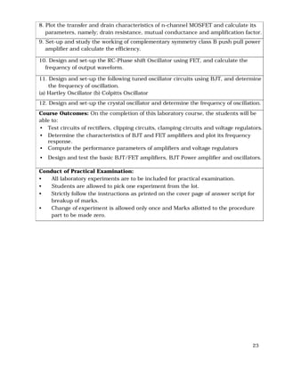 23
8. Plot the transfer and drain characteristics of n-channel MOSFET and calculate its
parameters, namely; drain resistance, mutual conductance and amplification factor.
9. Set-up and study the working of complementary symmetry class B push pull power
amplifier and calculate the efficiency.
10. Design and set-up the RC-Phase shift Oscillator using FET, and calculate the
frequency of output waveform.
11. Design and set-up the following tuned oscillator circuits using BJT, and determine
the frequency of oscillation.
(a) Hartley Oscillator (b) Colpitts Oscillator
12. Design and set-up the crystal oscillator and determine the frequency of oscillation.
Course Outcomes: On the completion of this laboratory course, the students will be
able to:
• Test circuits of rectifiers, clipping circuits, clamping circuits and voltage regulators.
• Determine the characteristics of BJT and FET amplifiers and plot its frequency
response.
• Compute the performance parameters of amplifiers and voltage regulators
• Design and test the basic BJT/FET amplifiers, BJT Power amplifier and oscillators.
Conduct of Practical Examination:
• All laboratory experiments are to be included for practical examination.
• Students are allowed to pick one experiment from the lot.
• Strictly follow the instructions as printed on the cover page of answer script for
breakup of marks.
• Change of experiment is allowed only once and Marks allotted to the procedure
part to be made zero.
 