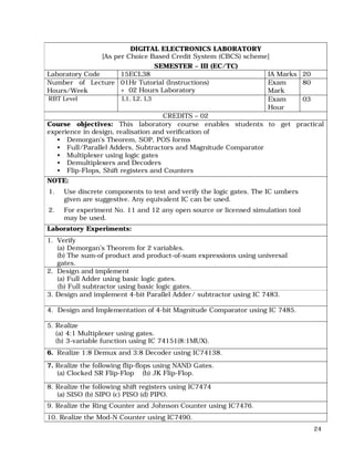 24
DIGITAL ELECTRONICS LABORATORY
[As per Choice Based Credit System (CBCS) scheme]
SEMESTER – III (EC/TC)
Laboratory Code 15ECL38 IA Marks 20
Number of Lecture
Hours/Week
01Hr Tutorial (Instructions)
+ 02 Hours Laboratory
Exam
Mark
s
80
RBT Level L1, L2, L3 Exam
Hour
s
03
CREDITS – 02
Course objectives: This laboratory course enables students to get practical
experience in design, realisation and verification of
• Demorgan’s Theorem, SOP, POS forms
• Full/Parallel Adders, Subtractors and Magnitude Comparator
• Multiplexer using logic gates
• Demultiplexers and Decoders
• Flip-Flops, Shift registers and Counters
NOTE:
1. Use discrete components to test and verify the logic gates. The IC umbers
given are suggestive. Any equivalent IC can be used.
2. For experiment No. 11 and 12 any open source or licensed simulation tool
may be used.
Laboratory Experiments:
1. Verify
(a) Demorgan’s Theorem for 2 variables.
(b) The sum-of product and product-of-sum expressions using universal
gates.
2. Design and implement
(a) Full Adder using basic logic gates.
(b) Full subtractor using basic logic gates.
3. Design and implement 4-bit Parallel Adder/ subtractor using IC 7483.
4. Design and Implementation of 4-bit Magnitude Comparator using IC 7485.
5. Realize
(a) 4:1 Multiplexer using gates.
(b) 3-variable function using IC 74151(8:1MUX).
6. Realize 1:8 Demux and 3:8 Decoder using IC74138.
7. Realize the following flip-flops using NAND Gates.
(a) Clocked SR Flip-Flop (b) JK Flip-Flop.
8. Realize the following shift registers using IC7474
(a) SISO (b) SIPO (c) PISO (d) PIPO.
9. Realize the Ring Counter and Johnson Counter using IC7476.
10. Realize the Mod-N Counter using IC7490.
 