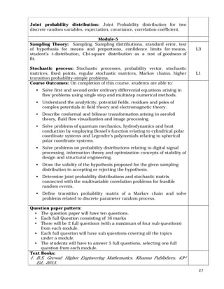 27
Joint probability distribution: Joint Probability distribution for two
discrete random variables, expectation, covariance, correlation coefficient.
Module-5
Sampling Theory: Sampling, Sampling distributions, standard error, test
of hypothesis for means and proportions, confidence limits for means,
student’s t-distribution, Chi-square distribution as a test of goodness of
fit.
Stochastic process: Stochastic processes, probability vector, stochastic
matrices, fixed points, regular stochastic matrices, Markov chains, higher
transition probability-simple problems.
L3
L1
Course Outcomes: On completion of this course, students are able to:
• Solve first and second order ordinary differential equations arising in
flow problems using single step and multistep numerical methods.
• Understand the analyticity, potential fields, residues and poles of
complex potentials in field theory and electromagnetic theory.
• Describe conformal and bilinear transformation arising in aerofoil
theory, fluid flow visualization and image processing.
• Solve problems of quantum mechanics, hydrodynamics and heat
conduction by employing Bessel’s function relating to cylindrical polar
coordinate systems and Legendre’s polynomials relating to spherical
polar coordinate systems.
• Solve problems on probability distributions relating to digital signal
processing, information theory and optimization concepts of stability of
design and structural engineering.
• Draw the validity of the hypothesis proposed for the given sampling
distribution in accepting or rejecting the hypothesis.
• Determine joint probability distributions and stochastic matrix
connected with the multivariable correlation problems for feasible
random events.
• Define transition probability matrix of a Markov chain and solve
problems related to discrete parameter random process.
Question paper pattern:
• The question paper will have ten questions.
• Each full Question consisting of 16 marks
• There will be 2 full questions (with a maximum of four sub questions)
from each module.
• Each full question will have sub questions covering all the topics
under a module.
• The students will have to answer 5 full questions, selecting one full
question from each module.
Text Books:
1. B.S. Grewal: Higher Engineering Mathematics, Khanna Publishers, 43rd
Ed., 2015.
 