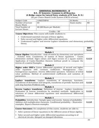 29
ADDITIONAL MATHEMATICS - II
B.E., IV Semester, Common to all Branches
(A Bridge course for Lateral Entry students of IV Sem. B. E.)
[As per Choice Based Credit System (CBCS) scheme]
Subject Code 15MATDIP41 IA Marks --
Number of Lecture
Hours/Week
03 Exam marks 80
Total Number of
Lecture Hours
40 (08 Hours per Module)
Credits – 00
Course Objectives: This course will enable students to:
• Understand essential concepts of linear algebra.
• Solve second and higher order differential equations.
• Understand Laplace and inverse Laplace transforms and elementary probability
theory.
Modules RBT
Level
Module-1
Linear Algebra: Introduction - rank of matrix by elementary row operations
- Echelon form. Consistency of system of linear equations - Gauss
elimination method. Eigen values and Eigen vectors of a square matrix.
Application of Cayley-Hamilton theorem (without proof) to compute the
inverse of a matrix-Examples.
L1,L3
Module-2
Higher order ODE’s: Linear differential equations of second and higher
order equations with constant coefficients. Homogeneous /non-
homogeneous equations. Inverse differential operators. Solutions of initial
value problems. Method of undetermined coefficients and variation of
parameters.
L1,L3
Module-3
Laplace transforms: Laplace transforms of elementary functions.
Transforms of derivatives and integrals, transforms of periodic function and
unit step function-Problems only.
L1,L2
Module-4
Inverse Laplace transforms: Definition of inverse Laplace transforms.
Evaluation of Inverse transforms by standard methods. Application to
solutions of Linear differential equations and simultaneous differential
equations.
L1,L2
Module-5
Probability: Introduction. Sample space and events. Axioms of probability.
Addition and multiplication theorems. Conditional probability – illustrative
examples. Bayes’s theorem-examples.
L1,L2
Course Outcomes: On completion of this course, students are able to:
• Solve systems of linear equations in the different areas of linear algebra.
• Solve second and higher order differential equations occurring in of
electrical circuits, damped/un-damped vibrations.
 