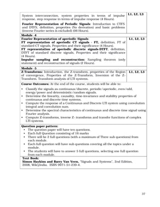 37
System interconnection, system properties in terms of impulse
response, step response in terms of impulse response (4 Hours).
Fourier Representation of Periodic Signals: Introduction to CTFS
and DTFS, definition, properties (No derivation) and basic problems
(inverse Fourier series is excluded) (06 Hours).
L1, L2, L3
Module -4
Fourier Representation of aperiodic Signals:
FT representation of aperiodic CT signals - FT, definition, FT of
standard CT signals, Properties and their significance (4 Hours).
FT representation of aperiodic discrete signals-DTFT, definition,
DTFT of standard discrete signals, Properties and their significance
(4 Hours).
Impulse sampling and reconstruction: Sampling theorem (only
statement) and reconstruction of signals (2 Hours).
L1, L2, L3
Module -5
Z-Transforms: Introduction, the Z-transform, properties of the Region
of convergence, Properties of the Z-Transform, Inversion of the Z-
Transform, Transform analysis of LTI systems.
L1, L2, L3
Course Outcomes: At the end of the course, students will be able to:
• Classify the signals as continuous/discrete, periodic/aperiodic, even/odd,
energy/power and deterministic/random signals.
• Determine the linearity, causality, time-invariance and stability properties of
continuous and discrete time systems.
• Compute the response of a Continuous and Discrete LTI system using convolution
integral and convolution sum.
• Determine the spectral characteristics of continuous and discrete time signal using
Fourier analysis.
• Compute Z-transforms, inverse Z- transforms and transfer functions of complex
LTI systems.
Question paper pattern:
• The question paper will have ten questions.
• Each full Question consisting of 16 marks
• There will be 2 full questions (with a maximum of Three sub questions) from
each module.
• Each full question will have sub questions covering all the topics under a
module.
• The students will have to answer 5 full questions, selecting one full question
from each module.
Text Book:
Simon Haykins and Barry Van Veen, “Signals and Systems”, 2nd Edition,
2008, WileyIndia. ISBN 9971-51-239-4.
 