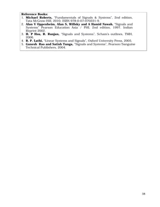 38
Reference Books:
1. Michael Roberts, “Fundamentals of Signals & Systems”, 2nd edition,
Tata McGraw-Hill, 2010, ISBN 978-0-07-070221-9.
2. Alan V Oppenheim, Alan S, Willsky and A Hamid Nawab, “Signals and
Systems” Pearson Education Asia / PHI, 2nd edition, 1997. Indian
Reprint 2002.
3. H. P Hsu, R. Ranjan, “Signals and Systems”, Scham’s outlines, TMH,
2006.
4. B. P. Lathi, “Linear Systems and Signals”, Oxford University Press, 2005.
5. Ganesh Rao and Satish Tunga, “Signals and Systems”, Pearson/Sanguine
Technical Publishers, 2004.
 