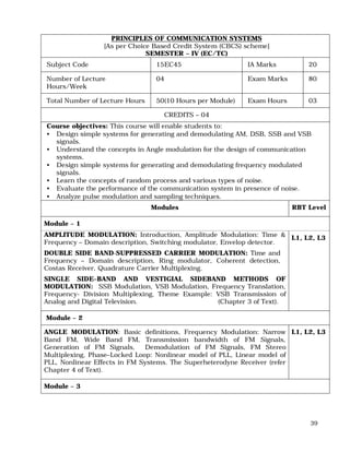 39
PRINCIPLES OF COMMUNICATION SYSTEMS
[As per Choice Based Credit System (CBCS) scheme]
SEMESTER – IV (EC/TC)
Subject Code 15EC45 IA Marks 20
Number of Lecture
Hours/Week
04 Exam Marks 80
Total Number of Lecture Hours 50(10 Hours per Module) Exam Hours 03
CREDITS – 04
Course objectives: This course will enable students to:
• Design simple systems for generating and demodulating AM, DSB, SSB and VSB
signals.
• Understand the concepts in Angle modulation for the design of communication
systems.
• Design simple systems for generating and demodulating frequency modulated
signals.
• Learn the concepts of random process and various types of noise.
• Evaluate the performance of the communication system in presence of noise.
• Analyze pulse modulation and sampling techniques.
Modules RBT Level
Module – 1
AMPLITUDE MODULATION: Introduction, Amplitude Modulation: Time &
Frequency – Domain description, Switching modulator, Envelop detector.
DOUBLE SIDE BAND-SUPPRESSED CARRIER MODULATION: Time and
Frequency – Domain description, Ring modulator, Coherent detection,
Costas Receiver, Quadrature Carrier Multiplexing.
SINGLE SIDE–BAND AND VESTIGIAL SIDEBAND METHODS OF
MODULATION: SSB Modulation, VSB Modulation, Frequency Translation,
Frequency- Division Multiplexing, Theme Example: VSB Transmission of
Analog and Digital Television. (Chapter 3 of Text).
L1, L2, L3
Module – 2
ANGLE MODULATION: Basic definitions, Frequency Modulation: Narrow
Band FM, Wide Band FM, Transmission bandwidth of FM Signals,
Generation of FM Signals, Demodulation of FM Signals, FM Stereo
Multiplexing, Phase–Locked Loop: Nonlinear model of PLL, Linear model of
PLL, Nonlinear Effects in FM Systems. The Superheterodyne Receiver (refer
Chapter 4 of Text).
L1, L2, L3
Module – 3
 