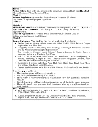 43
Active Filters: First order and second order active Low-pass and high pass
filters, Bandpass Filter, Bandstop Filter.
(Text 1)
Voltage Regulators: Introduction, Series Op-amp regulator, IC voltage
regulators. 723 general purpose regulators.
(Text 2)
L1, L2,L3
Module -5
Phase locked loop: Basic Principles, Phase detector/comparator, VCO.
DAC and ADC convertor: DAC using R-2R, ADC using Successive
approximation.
Other IC Application: 555 timer, Basic timer circuit, 555 timer used as
astable and monostable multivibrator.
(Text 2)
L1, L2,L3
Course Outcomes: After studying this course, students will be able to:
• Explain Op-Amp circuit and parameters including CMRR, PSRR, Input & Output
Impedances and Slew Rate.
• Design Op-Amp based Inverting, Non-inverting, Summing & Difference Amplifier,
and AC Amplifiers including Voltage Follower.
• Test circuits of Op-Amp based Voltage/ Current Sources & Sinks, Current,
Instrumentation and Precision Amplifiers.
• Test circuits of Op-Amp based linear and non-linear circuits comprising of
limiting, clamping, Sample & Hold, Differentiator/ Integrator Circuits, Peak
Detectors, Oscillators and Multiplier & Divider.
• Design first & second order Low Pass, High Pass, Band Pass, Band Stop Filters
and Voltage Regulators using Op-Amps.
• Explain applications of linear ICs in phase detector, VCO, DAC, ADC and Timer.
Question paper pattern:
• The question paper will have ten questions.
• Each full Question consisting of 16 marks.
• There will be 2 full questions (with a maximum of Three sub questions) from each
module.
• Each full question will have sub questions covering all the topics under a module.
• The students will have to answer 5 full questions, selecting one full question from
each module.
Text Books:
1. “Operational Amplifiers and Linear IC’s”, David A. Bell, 2nd edition, PHI/Pearson,
2004. ISBN 978-81-203-2359-9.
2. “Linear Integrated Circuits”, D. Roy Choudhury and Shail B. Jain, 4thedition,
Reprint 2006, New Age International ISBN 978-81-224-3098-1.
Module -4
 