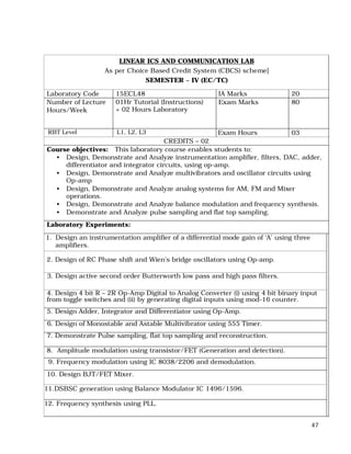 47
LINEAR ICS AND COMMUNICATION LAB
As per Choice Based Credit System (CBCS) scheme]
SEMESTER – IV (EC/TC)
Laboratory Code 15ECL48 IA Marks 20
Number of Lecture
Hours/Week
01Hr Tutorial (Instructions)
+ 02 Hours Laboratory
Exam Marks 80
RBT Level L1, L2, L3 Exam Hours 03
CREDITS – 02
Course objectives: This laboratory course enables students to:
• Design, Demonstrate and Analyze instrumentation amplifier, filters, DAC, adder,
differentiator and integrator circuits, using op-amp.
• Design, Demonstrate and Analyze multivibrators and oscillator circuits using
Op-amp
• Design, Demonstrate and Analyze analog systems for AM, FM and Mixer
operations.
• Design, Demonstrate and Analyze balance modulation and frequency synthesis.
• Demonstrate and Analyze pulse sampling and flat top sampling.
Laboratory Experiments:
1. Design an instrumentation amplifier of a differential mode gain of ‘A’ using three
amplifiers.
2. Design of RC Phase shift and Wien’s bridge oscillators using Op-amp.
3. Design active second order Butterworth low pass and high pass filters.
4. Design 4 bit R – 2R Op-Amp Digital to Analog Converter (i) using 4 bit binary input
from toggle switches and (ii) by generating digital inputs using mod-16 counter.
5. Design Adder, Integrator and Differentiator using Op-Amp.
6. Design of Monostable and Astable Multivibrator using 555 Timer.
7. Demonstrate Pulse sampling, flat top sampling and reconstruction.
8. Amplitude modulation using transistor/FET (Generation and detection).
9. Frequency modulation using IC 8038/2206 and demodulation.
10. Design BJT/FET Mixer.
11.DSBSC generation using Balance Modulator IC 1496/1596.
12. Frequency synthesis using PLL.
 