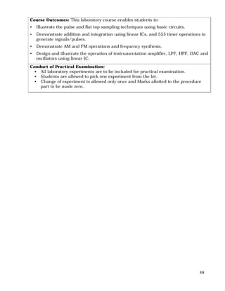48
Course Outcomes: This laboratory course enables students to:
• Illustrate the pulse and flat top sampling techniques using basic circuits.
• Demonstrate addition and integration using linear ICs, and 555 timer operations to
generate signals/pulses.
• Demonstrate AM and FM operations and frequency synthesis.
• Design and illustrate the operation of instrumentation amplifier, LPF, HPF, DAC and
oscillators using linear IC.
Conduct of Practical Examination:
• All laboratory experiments are to be included for practical examination.
• Students are allowed to pick one experiment from the lot.
• Change of experiment is allowed only once and Marks allotted to the procedure
part to be made zero.
 