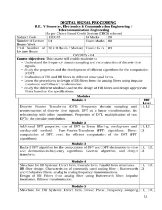 52
DIGITAL SIGNAL PROCESSING
B.E., V Semester, Electronics & Communication Engineering /
Telecommunication Engineering
[As per Choice Based Credit System (CBCS) scheme]
Subject Code 15EC52 IA Marks 20
Number of Lecture
Hours/Week
04 Exam Marks 80
Total Number of
Lecture Hours
50 (10 Hours / Module) Exam Hours 03
CREDITS – 04
Course objectives: This course will enable students to
• Understand the frequency domain sampling and reconstruction of discrete time
signals.
• Study the properties and the development of efficient algorithms for the computation
of DFT.
• Realization of FIR and IIR filters in different structural forms.
• Learn the procedures to design of IIR filters from the analog filters using impulse
invariance and bilinear transformation.
• Study the different windows used in the design of FIR filters and design appropriate
filters based on the specifications.
Modules
Module-1 RBT
Level
Discrete Fourier Transforms (DFT): Frequency domain sampling and
reconstruction of discrete time signals. DFT as a linear transformation, its
relationship with other transforms. Properties of DFT, multiplication of two
DFTs- the circular convolution.
L1, L2
Module-2
Additional DFT properties, use of DFT in linear filtering, overlap-save and
overlap-add method. Fast-Fourier-Transform (FFT) algorithms: Direct
computation of DFT, need for efficient computation of the DFT (FFT
algorithms).
L1, L2,
L3
Module-3
Radix-2 FFT algorithm for the computation of DFT and IDFT–decimation-in-time
and decimation-in-frequency algorithms. Goertzel algorithm, and chirp-z
transform.
L1, L2,
L3
Module-4
Structure for IIR Systems: Direct form, Cascade form, Parallel form structures.
IIR filter design: Characteristics of commonly used analog filter – Butterworth
and Chebyshev filters, analog to analog frequency transformations.
Design of IIR Filters from analog filter using Butterworth filter: Impulse
invariance, Bilinear transformation.
L1, L2,
L3
Module-5
Structure for FIR Systems: Direct form, Linear Phase, Frequency sampling L1, L2,
 