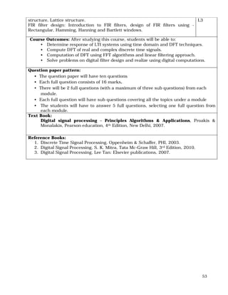 53
structure, Lattice structure.
FIR filter design: Introduction to FIR filters, design of FIR filters using -
Rectangular, Hamming, Hanning and Bartlett windows.
L3
Course Outcomes: After studying this course, students will be able to:
• Determine response of LTI systems using time domain and DFT techniques.
• Compute DFT of real and complex discrete time signals.
• Computation of DFT using FFT algorithms and linear filtering approach.
• Solve problems on digital filter design and realize using digital computations.
Question paper pattern:
• The question paper will have ten questions
• Each full question consists of 16 marks.
• There will be 2 full questions (with a maximum of three sub questions) from each
module.
• Each full question will have sub questions covering all the topics under a module
• The students will have to answer 5 full questions, selecting one full question from
each module.
Text Book:
Digital signal processing – Principles Algorithms & Applications, Proakis &
Monalakis, Pearson education, 4th Edition, New Delhi, 2007.
Reference Books:
1. Discrete Time Signal Processing, Oppenheim & Schaffer, PHI, 2003.
2. Digital Signal Processing, S. K. Mitra, Tata Mc-Graw Hill, 3rd Edition, 2010.
3. Digital Signal Processing, Lee Tan: Elsevier publications, 2007.
 