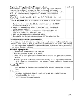 69
Digital Input-Output and Serial Communication:
Parallel Ports, Lighting LEDs, Flashing LEDs, Read Input from a Switch,
Toggle the LED state by pressing the push button, LCD interfacing.
Asynchronous Serial Communication, Asynchronous Communication with
USCI_A, Communications, Peripherals in MSP430, Serial Peripheral
Interface.
(Text: Selected topics from Ch4 & Ch7 and Ch7- 7.1, Ch10 – 10.1, 10.2,
and 10.12)
L1, L2, L3
Course outcomes: After studying this course, students will be able to:
• Understand the architectural features and instruction set of 16 bit
microcontroller MSP430.
• Develop programs using the various instructions of MSP430 for
different applications.
• Understand the functions of the various peripherals which are
interfaced with MSP430 microcontroller.
• Describe the power saving modes in MSP430.
• Explain the low power applications using MSP430 microcontroller.
Evaluation of Internal Assessment Marks:
It is suggested that at least a few simple programs to be executed by students using
any evaluation board of MSP430 for better understanding of the course. This activity
can be considered for the evaluation of 5 marks out of 20 Internal assessment marks,
reserved for the other activities.
Question paper pattern:
• The question paper will have ten questions
• Each full question consists of 16 marks.
• There will be 2 full questions (with a maximum of three sub questions) from each
module.
• Each full question will have sub questions covering all the topics under a module
• The students will have to answer 5 full questions, selecting one full question from
each module
Text Book:
John H Davies, MSP430 Microcontroller Basics, Newnes Publications, Elsevier,
2008.
References:
1. Chris Nagy, Embedded Systems Design using TI MSP430 Series, Newnes
Publications, Elsevier, 2003.
2. User Guide from Texas Instruments.
 