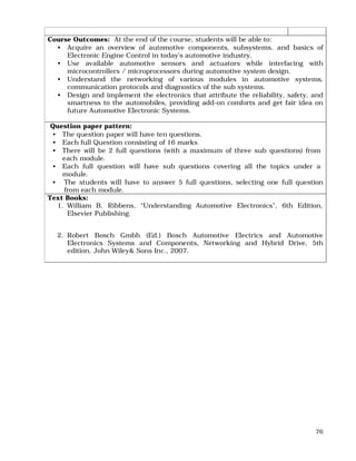 76
Course Outcomes: At the end of the course, students will be able to:
• Acquire an overview of automotive components, subsystems, and basics of
Electronic Engine Control in today’s automotive industry.
• Use available automotive sensors and actuators while interfacing with
microcontrollers / microprocessors during automotive system design.
• Understand the networking of various modules in automotive systems,
communication protocols and diagnostics of the sub systems.
• Design and implement the electronics that attribute the reliability, safety, and
smartness to the automobiles, providing add-on comforts and get fair idea on
future Automotive Electronic Systems.
Question paper pattern:
• The question paper will have ten questions.
• Each full Question consisting of 16 marks
• There will be 2 full questions (with a maximum of three sub questions) from
each module.
• Each full question will have sub questions covering all the topics under a
module.
• The students will have to answer 5 full questions, selecting one full question
from each module.
Text Books:
1. William B. Ribbens, “Understanding Automotive Electronics”, 6th Edition,
Elsevier Publishing.
2. Robert Bosch Gmbh (Ed.) Bosch Automotive Electrics and Automotive
Electronics Systems and Components, Networking and Hybrid Drive, 5th
edition, John Wiley& Sons Inc., 2007.
 