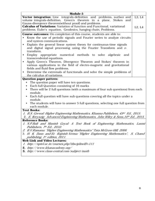 8
Module-5
Vector integration: Line integrals-definition and problems, surface and
volume integrals-definition, Green’s theorem in a plane, Stokes and
Gauss-divergence theorem(without proof) and problems.
Calculus of Variations: Variation of function and Functional, variational
problems. Euler’s equation, Geodesics, hanging chain, Problems.
L3, L4
L2, L4
Course outcomes: On completion of this course, students are able to:
• Know the use of periodic signals and Fourier series to analyze circuits
and system communications.
• Explain the general linear system theory for continuous-time signals
and digital signal processing using the Fourier Transform and z-
transform.
• Employ appropriate numerical methods to solve algebraic and
transcendental equations.
• Apply Green's Theorem, Divergence Theorem and Stokes' theorem in
various applications in the field of electro-magnetic and gravitational
fields and fluid flow problems.
• Determine the extremals of functionals and solve the simple problems of
the calculus of variations.
Question paper pattern:
• The question paper will have ten questions.
• Each full Question consisting of 16 marks
• There will be 2 full questions (with a maximum of four sub questions) from each
module.
• Each full question will have sub questions covering all the topics under a
module.
• The students will have to answer 5 full questions, selecting one full question from
each module.
Text Books:
1. B.S. Grewal: Higher Engineering Mathematics, Khanna Publishers, 43rd Ed., 2015.
2. E. Kreyszig: Advanced Engineering Mathematics, John Wiley & Sons,10th Ed., 2015.
Reference Books:
1. N.P.Bali and Manish Goyal: A Text Book of Engineering Mathematics, Laxmi
Publishers, 7th Ed., 2010.
2. B.V.Ramana: "Higher Engineering Mathematics" Tata McGraw-Hill, 2006.
3. H. K. Dass and Er. Rajnish Verma: "Higher Engineering Mathematics", S. Chand
publishing, 1st edition, 2011.
Web Link and Video Lectures:
1. http://nptel.ac.in/courses.php?disciplineID=111
2. http://www.khanacademy.org/
3. http://www.class-central.com/subject/math
 
