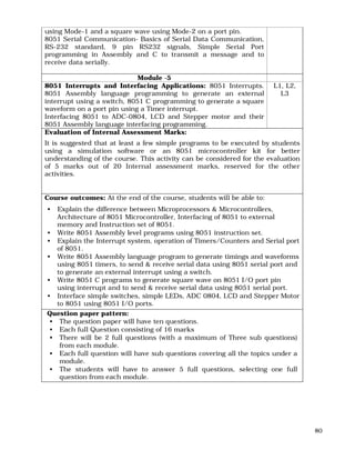 80
using Mode-1 and a square wave using Mode-2 on a port pin.
8051 Serial Communication- Basics of Serial Data Communication,
RS-232 standard, 9 pin RS232 signals, Simple Serial Port
programming in Assembly and C to transmit a message and to
receive data serially.
Module -5
8051 Interrupts and Interfacing Applications: 8051 Interrupts.
8051 Assembly language programming to generate an external
interrupt using a switch, 8051 C programming to generate a square
waveform on a port pin using a Timer interrupt.
Interfacing 8051 to ADC-0804, LCD and Stepper motor and their
8051 Assembly language interfacing programming.
L1, L2,
L3
Evaluation of Internal Assessment Marks:
It is suggested that at least a few simple programs to be executed by students
using a simulation software or an 8051 microcontroller kit for better
understanding of the course. This activity can be considered for the evaluation
of 5 marks out of 20 Internal assessment marks, reserved for the other
activities.
Course outcomes: At the end of the course, students will be able to:
• Explain the difference between Microprocessors & Microcontrollers,
Architecture of 8051 Microcontroller, Interfacing of 8051 to external
memory and Instruction set of 8051.
• Write 8051 Assembly level programs using 8051 instruction set.
• Explain the Interrupt system, operation of Timers/Counters and Serial port
of 8051.
• Write 8051 Assembly language program to generate timings and waveforms
using 8051 timers, to send & receive serial data using 8051 serial port and
to generate an external interrupt using a switch.
• Write 8051 C programs to generate square wave on 8051 I/O port pin
using interrupt and to send & receive serial data using 8051 serial port.
• Interface simple switches, simple LEDs, ADC 0804, LCD and Stepper Motor
to 8051 using 8051 I/O ports.
Question paper pattern:
• The question paper will have ten questions.
• Each full Question consisting of 16 marks
• There will be 2 full questions (with a maximum of Three sub questions)
from each module.
• Each full question will have sub questions covering all the topics under a
module.
• The students will have to answer 5 full questions, selecting one full
question from each module.
 