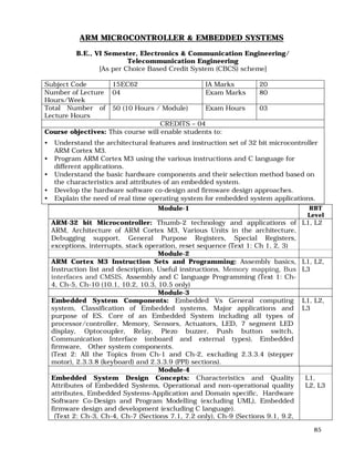 85
ARM MICROCONTROLLER & EMBEDDED SYSTEMS
B.E., VI Semester, Electronics & Communication Engineering/
Telecommunication Engineering
[As per Choice Based Credit System (CBCS) scheme]
Subject Code 15EC62 IA Marks 20
Number of Lecture
Hours/Week
04 Exam Marks 80
Total Number of
Lecture Hours
50 (10 Hours / Module) Exam Hours 03
CREDITS – 04
Course objectives: This course will enable students to:
• Understand the architectural features and instruction set of 32 bit microcontroller
ARM Cortex M3.
• Program ARM Cortex M3 using the various instructions and C language for
different applications.
• Understand the basic hardware components and their selection method based on
the characteristics and attributes of an embedded system.
• Develop the hardware software co-design and firmware design approaches.
• Explain the need of real time operating system for embedded system applications.
• Module-1 RBT
Level
ARM-32 bit Microcontroller: Thumb-2 technology and applications of
ARM, Architecture of ARM Cortex M3, Various Units in the architecture,
Debugging support, General Purpose Registers, Special Registers,
exceptions, interrupts, stack operation, reset sequence (Text 1: Ch 1, 2, 3)
L1, L2
Module-2
ARM Cortex M3 Instruction Sets and Programming: Assembly basics,
Instruction list and description, Useful instructions, Memory mapping, Bus
interfaces and CMSIS, Assembly and C language Programming (Text 1: Ch-
4, Ch-5, Ch-10 (10.1, 10.2, 10.3, 10.5 only)
L1, L2,
L3
Module-3
Embedded System Components: Embedded Vs General computing
system, Classification of Embedded systems, Major applications and
purpose of ES. Core of an Embedded System including all types of
processor/controller, Memory, Sensors, Actuators, LED, 7 segment LED
display, Optocoupler, Relay, Piezo buzzer, Push button switch,
Communication Interface (onboard and external types), Embedded
firmware, Other system components.
(Text 2: All the Topics from Ch-1 and Ch-2, excluding 2.3.3.4 (stepper
motor), 2.3.3.8 (keyboard) and 2.3.3.9 (PPI) sections).
L1, L2,
L3
Module-4
Embedded System Design Concepts: Characteristics and Quality
Attributes of Embedded Systems, Operational and non-operational quality
attributes, Embedded Systems-Application and Domain specific, Hardware
Software Co-Design and Program Modelling (excluding UML), Embedded
firmware design and development (excluding C language).
(Text 2: Ch-3, Ch-4, Ch-7 (Sections 7.1, 7.2 only), Ch-9 (Sections 9.1, 9.2,
L1,
L2, L3
 
