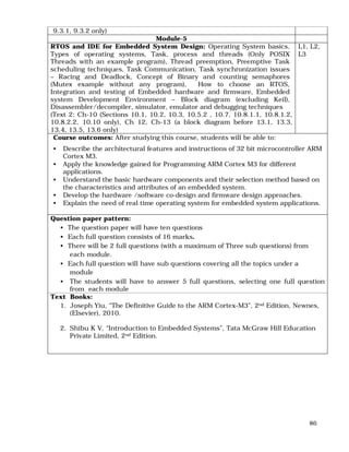 86
9.3.1, 9.3.2 only)
Module-5
RTOS and IDE for Embedded System Design: Operating System basics,
Types of operating systems, Task, process and threads (Only POSIX
Threads with an example program), Thread preemption, Preemptive Task
scheduling techniques, Task Communication, Task synchronization issues
– Racing and Deadlock, Concept of Binary and counting semaphores
(Mutex example without any program), How to choose an RTOS,
Integration and testing of Embedded hardware and firmware, Embedded
system Development Environment – Block diagram (excluding Keil),
Disassembler/decompiler, simulator, emulator and debugging techniques
(Text 2: Ch-10 (Sections 10.1, 10.2, 10.3, 10.5.2 , 10.7, 10.8.1.1, 10.8.1.2,
10.8.2.2, 10.10 only), Ch 12, Ch-13 (a block diagram before 13.1, 13.3,
13.4, 13.5, 13.6 only)
L1, L2,
L3
Course outcomes: After studying this course, students will be able to:
• Describe the architectural features and instructions of 32 bit microcontroller ARM
Cortex M3.
• Apply the knowledge gained for Programming ARM Cortex M3 for different
applications.
• Understand the basic hardware components and their selection method based on
the characteristics and attributes of an embedded system.
• Develop the hardware /software co-design and firmware design approaches.
• Explain the need of real time operating system for embedded system applications.
Question paper pattern:
• The question paper will have ten questions
• Each full question consists of 16 marks.
• There will be 2 full questions (with a maximum of Three sub questions) from
each module.
• Each full question will have sub questions covering all the topics under a
module
• The students will have to answer 5 full questions, selecting one full question
from each module
Text Books:
1. Joseph Yiu, “The Definitive Guide to the ARM Cortex-M3”, 2nd Edition, Newnes,
(Elsevier), 2010.
2. Shibu K V, “Introduction to Embedded Systems”, Tata McGraw Hill Education
Private Limited, 2nd Edition.
 