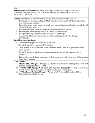 88
TEXT1).
Testing and Verification: Introduction, Logic Verification, Logic Verification
Principles, Manufacturing Test Principles, Design for testability (12.1, 12.1.1,
12.3, 12.5, 12.6 of TEXT 2).
Course outcomes: At the end of the course, the students will be able to:
• Demonstrate understanding of MOS transistor theory, CMOS fabrication flow
and technology scaling.
• Draw the basic gates using the stick and layout diagrams with the knowledge of
physical design aspects.
• Interpret Memory elements along with timing considerations
• Demonstrate knowledge of FPGA based system design
• Interpret testing and testability issues in VLSI Design
• Analyze CMOS subsystems and architectural issues with the design
constraints.
Question paper pattern:
• The question paper will have ten questions
• Each full question consists of 16 marks.
• There will be 2 full questions (with a maximum of Three sub questions) from
each module.
• Each full question will have sub questions covering all the topics under a
module
• The students will have to answer 5 full questions, selecting one full question
from each module
Text Books:
1. “Basic VLSI Design”- Douglas A. Pucknell& Kamran Eshraghian, PHI 3rd
Edition (original Edition – 1994).
2. “CMOS VLSI Design- A Circuits and Systems Perspective”- Neil H.E. Weste,
David Harris, Ayan Banerjee, 3rd Edition, Pearson Education.
3. “FPGA Based System Design”- Wayne Wolf, Pearson Education, 2004,
Technology and Engineering.
 