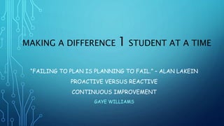 MAKING A DIFFERENCE 1 STUDENT AT A TIME
“FAILING TO PLAN IS PLANNING TO FAIL.” – ALAN LAKEIN
PROACTIVE VERSUS REACTIVE
CONTINUOUS IMPROVEMENT
GAYE WILLIAMS
 