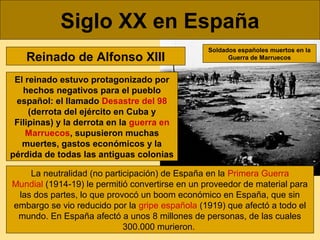 Siglo XX en España
Reinado de Alfonso XIII

Soldados españoles muertos en la
Guerra de Marruecos

El reinado estuvo protag...
