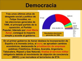 Democracia
Tras unos últimos años de
desgaste social y político de
Felipe González, en
las elecciones generales de
1996, e...